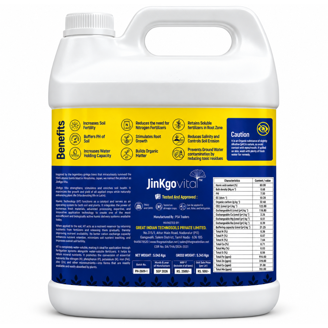 JinKgo Vita Premium Potassium Humate — 60% Humic Acid with Fulvic Acid (5 Litres) - Great Indian TechnoSoils Pvt. Ltd.